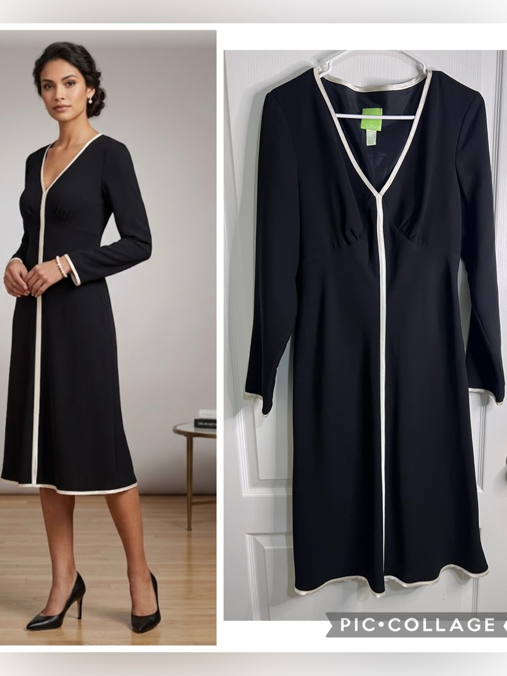Citrine Black V-Neck Long Sleeve Dress with White Trim size 12